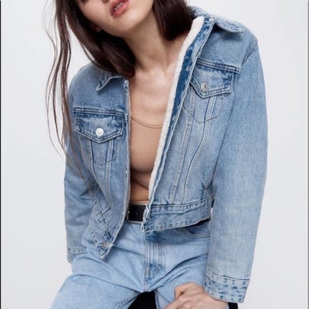 NWT ZARA Shearling Sherpa Lined Denim Jacket Medium Jean